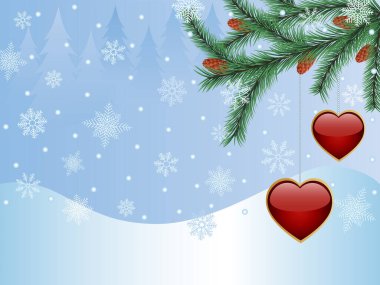 Kırmızı kalpleri, kar taneleri ve köknar dalları olan bir Noel arkaplanı. vektör