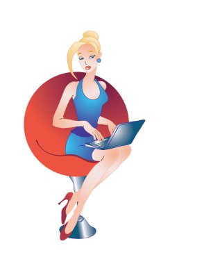 Dizüstü bilgisayar vektör illüstrasyon tasarımı ile çalışan iş kadını