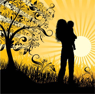 Bir çayır üzerinde anne ve çocuğun vektör siluetleri.