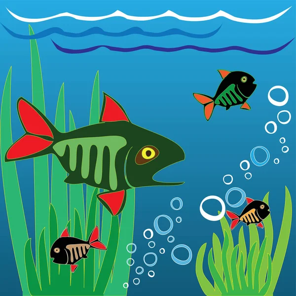 Ilustração Dos Desenhos Animados Peixes Com Plantas Subaquáticas — Vetor de Stock