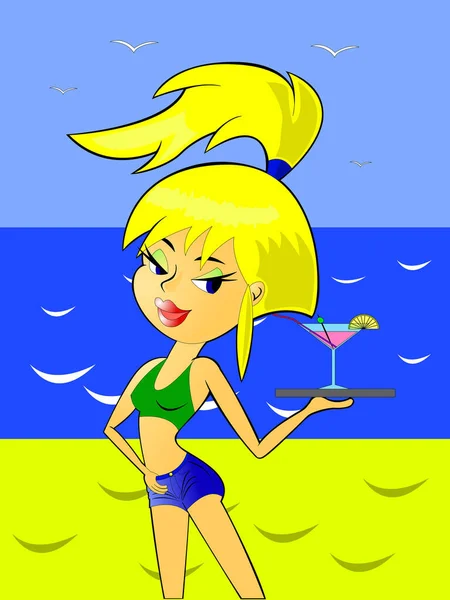 一个在海滩上喝酒的女人的病媒图片 — 图库矢量图片