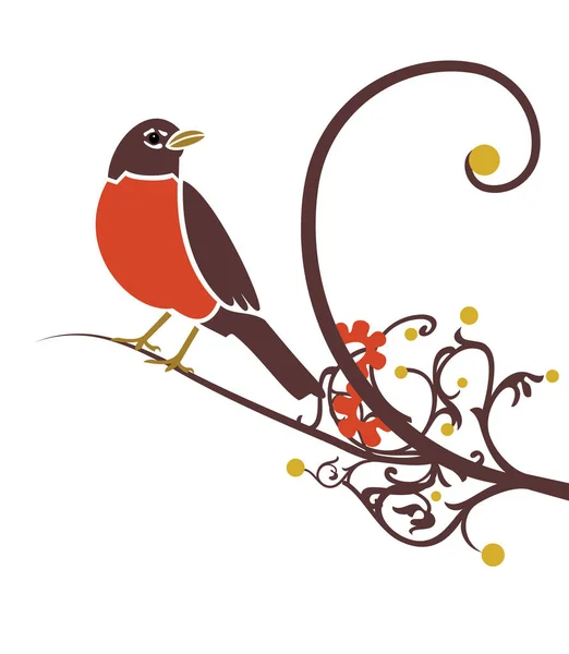 Mignon Oiseau Sur Une Branche Avec Des Fleurs — Image vectorielle