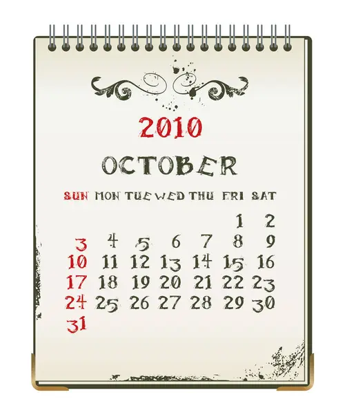 Ημερολόγιο Οκτωβρίου 2010 Εικονογράφηση Fvector — Διανυσματικό Αρχείο