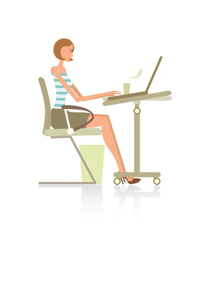Genç Kadını Masada Dizüstü Bilgisayar Kullanarak Oturuyor — Stok Vektör