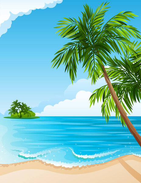 летний пляж с пальмами, векторная иллюстрация
