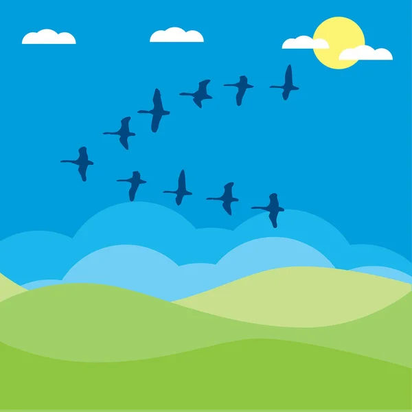 Vektorillustration Platt Stil Flock Fåglar Himlen — Stock vektor