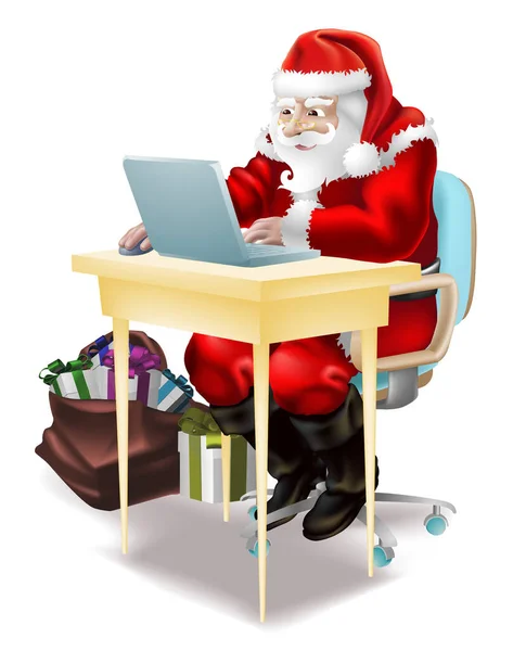 Noel Baba Bir Dizüstü Bilgisayarın Üstünde Masada Oturuyor — Stok Vektör