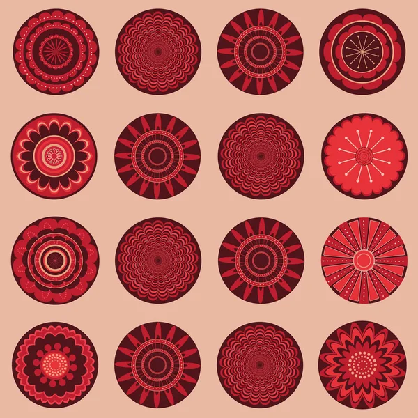 Set Von Roten Dekorativen Runden Ornamenten — Stockvektor
