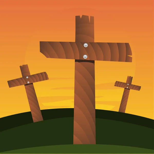 日落背景上的木制十字架 — 图库矢量图片