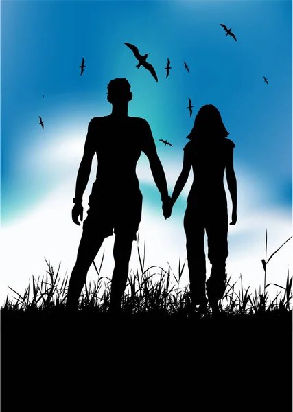 Silhouettes Couple Love Meadow — Stock Vector
