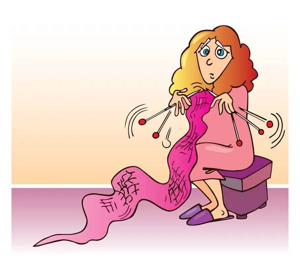 Γελοιογραφία Γυναίκα Πλέξιμο Στο Δωμάτιο — Διανυσματικό Αρχείο