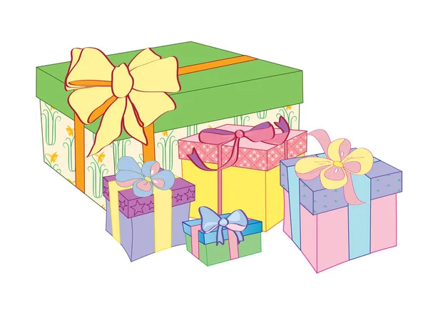 用丝带和蝴蝶结白色背景上的礼品盒 — 图库矢量图片