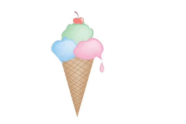 Renkli Külahlı Suluboya Dondurma Beyaz Arka Planda Izole Edilmiş Bir — Stok Vektör