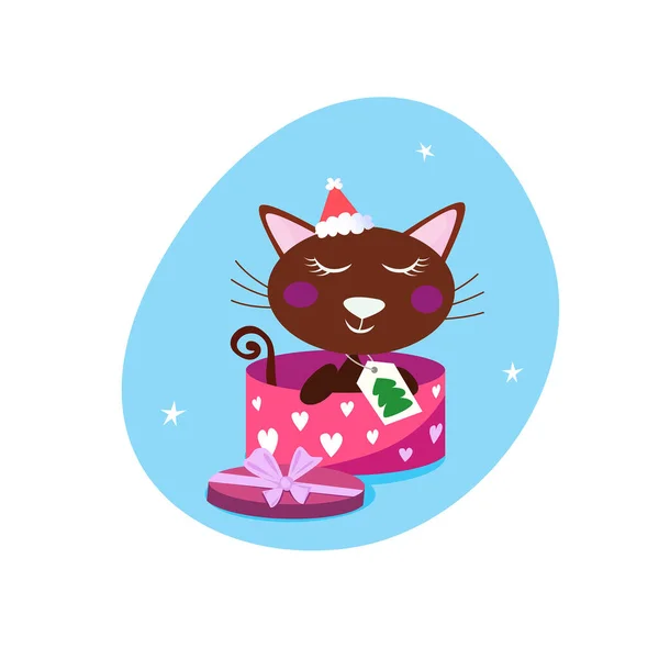 Cute Cat Christmas Box Vector Illustration — Stock Vector