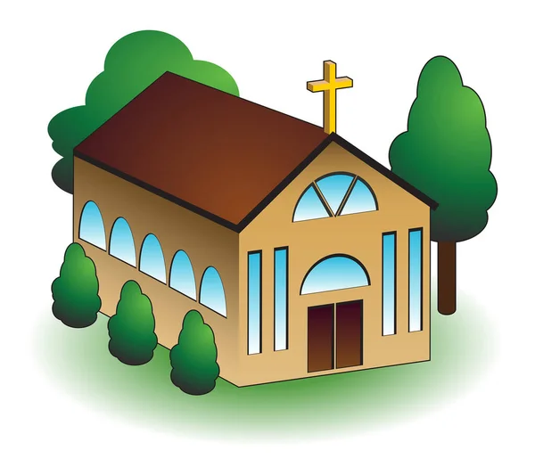 Chiesa Edificio Con Alberi Verdi Illustrazione Vettore Sfondo Bianco — Vettoriale Stock