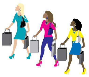 Alışveriş yapan kadınlar, vektör illüstrasyonu