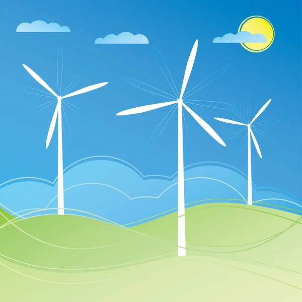 緑のフィールド上の風力タービン — ストックベクタ
