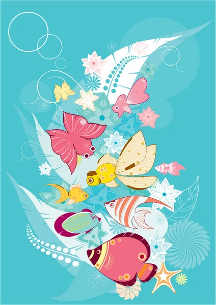 装飾的な魚と花の要素のベクターイラスト — ストックベクタ