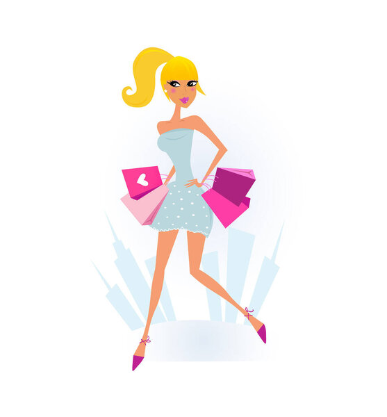 vector illustration of woman with shopping bags