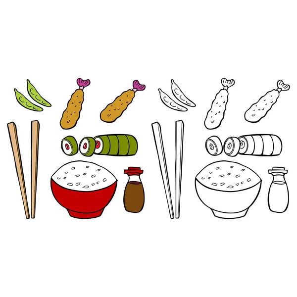 Japon Yemeği Yemek Çubuğu Seti Japon Yemeği Japon Mutfağı Suşi — Stok Vektör