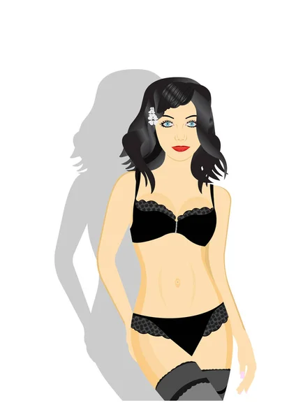 Belle Fille Avec Sexy Lingerie Noire — Image vectorielle