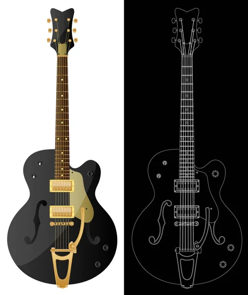 Guitarra Negra Sobre Fondo Blanco Negro — Vector de stock
