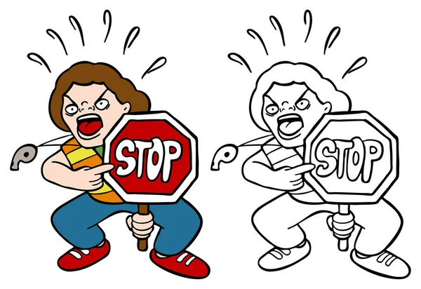 Ilustración Dibujos Animados Vector Mujer Agresiva Enojada Con Señal Stop — Archivo Imágenes Vectoriales