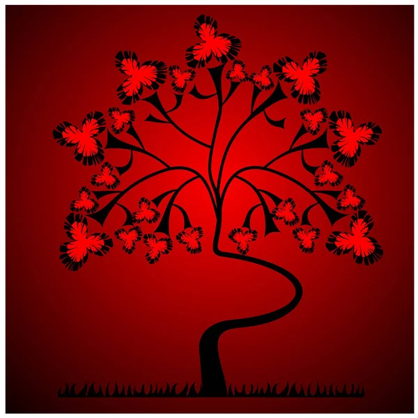 Baum Mit Blättern Auf Rotem Hintergrund — Stockvektor