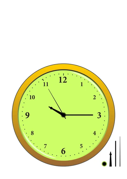 Relógio Com Folha Verde Uma Parede Amarela —  Vetores de Stock