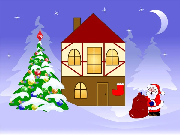 Weihnachtshaus Und Weihnachtsmann — Stockvektor