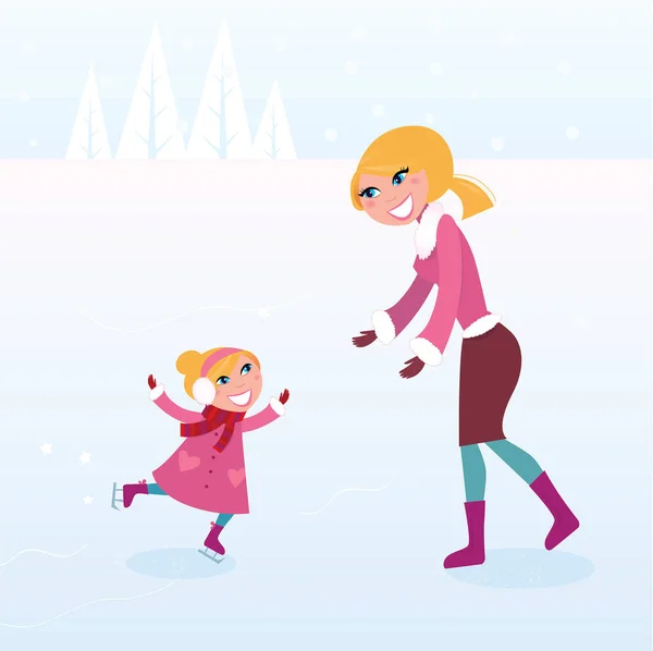 Cute Girl Her Mother Playing Winter Snow — Stock Vector