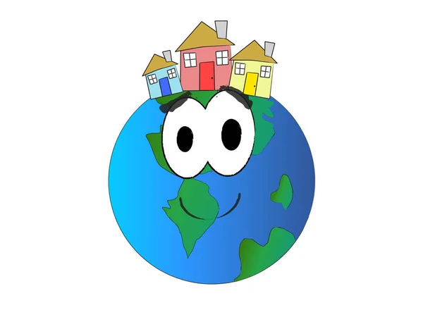 Smiling Earth Planet Houses — Stock Vector