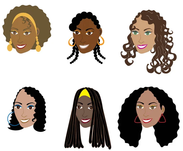 一组不同发型的非洲女人 矢量插图 — 图库矢量图片
