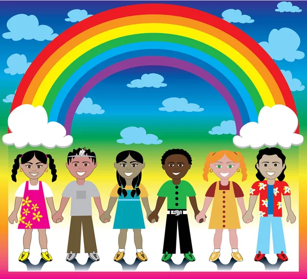Groep Kinderen Bij Regenboog — Stockvector