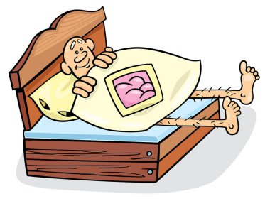 Çizgi filmdeki adamın yatakta vektör çizimi