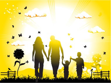 Çayırda mutlu bir aile, vektör çizimi.