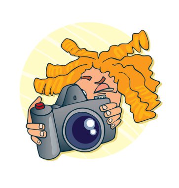 Fotoğraf makinesi olan bir fotoğrafçı. çizgi film vektör illüstrasyonu