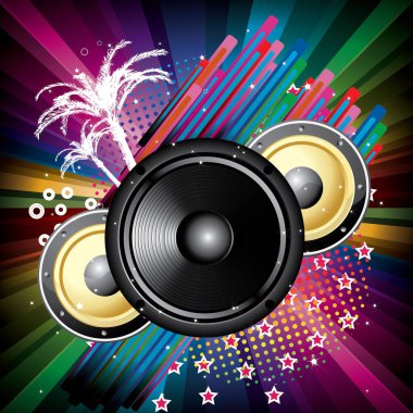 Karanlık arka planda hoparlörleri ve yıldızları olan vektör müzik partisi posteri.