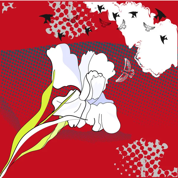 Διανυσματική Απεικόνιση Φόντου Κόκκινα Λουλούδια Και Πτηνά — Διανυσματικό Αρχείο