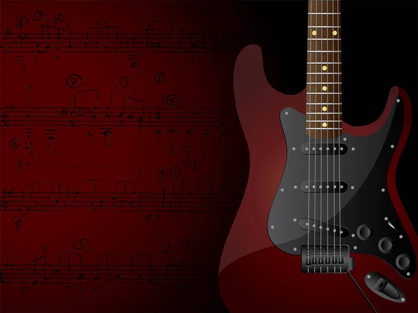 Musikinstrument Und Gitarre Auf Rotem Hintergrund Mit Noten Vektorillustration — Stockvektor