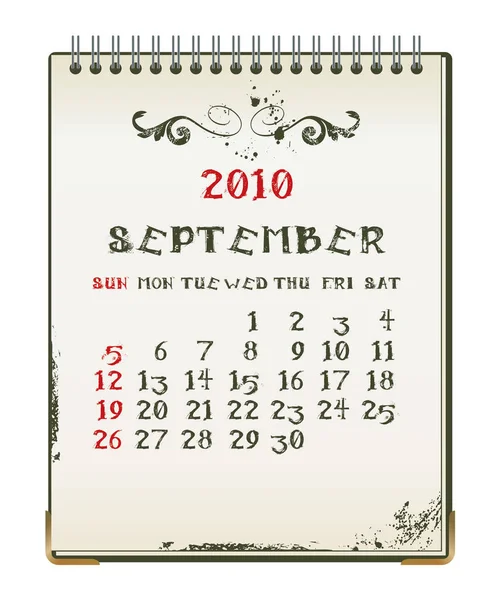 Septembre 2010 Calendrier Mensuel Illustration Vectorielle — Image vectorielle