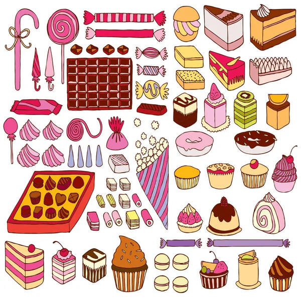 Ensemble Bonbons Desserts Savoureux Illustration Vectorielle — Image vectorielle