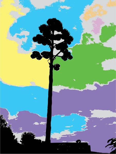 Vektorillustration Eines Baumes Mit Buntem Himmel — Stockvektor