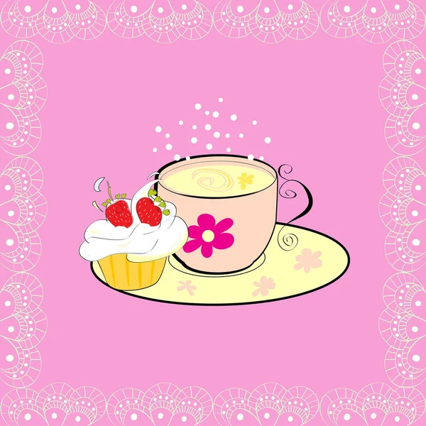 Vektor Illustration Einer Niedlichen Tasse Mit Kuchen Und Tee — Stockvektor