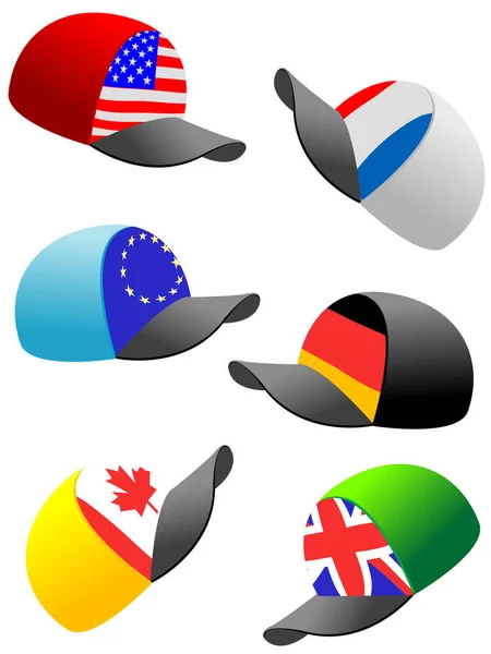 Conjunto Bandeiras Diferentes Países Bonés Ilustração Vetorial — Vetor de Stock