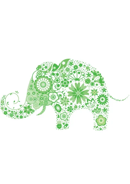 花と緑の象のベクターイラスト — ストックベクタ