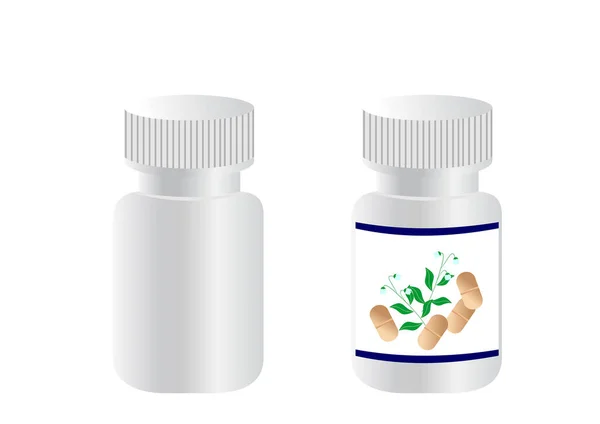 Fles Essentiële Pillen Met Groen Blad Witte Achtergrond Medische Pillen — Stockvector