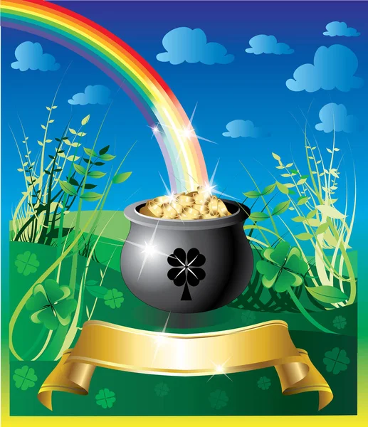 Vector Illustration Gold Pot Rainbow Golden Coins — Stock Vector