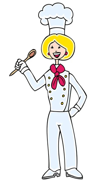 快乐的卡通厨师拿着勺子 — 图库矢量图片
