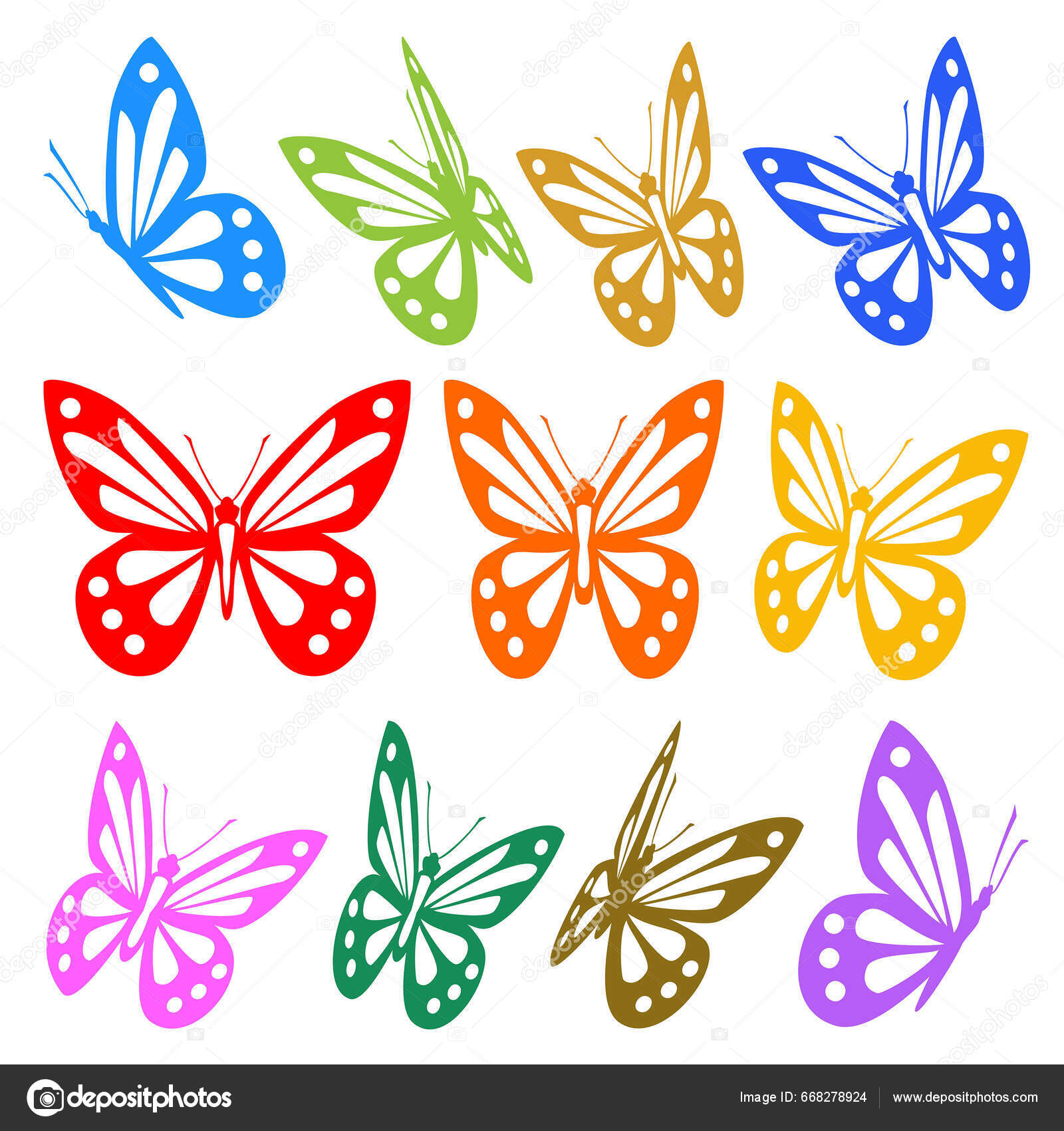 Bunte Reihe Von Schmetterlingen Isoliert Auf Weißem Hintergrund  Stock-Vektorgrafik von ©DesignPicsInc 668278924